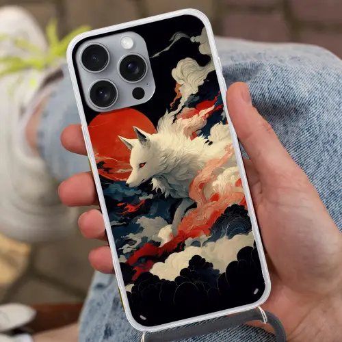 Witte vos - wolken - maan Hoesje iPhone 16 Pro Max met koord klein -sfeer3
