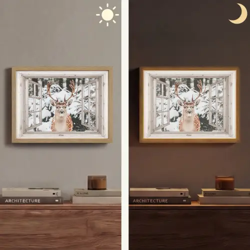Doorkijk - Hert - Sneeuw - Winter - Bos - Dieren - Natuur Light Box met batterij (Wandlamp) middel -sfeer3
