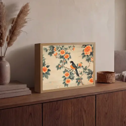 Vogel - Tak - Bloemen - Oranje Light Box met batterij (Wandlamp) middel -sfeer2