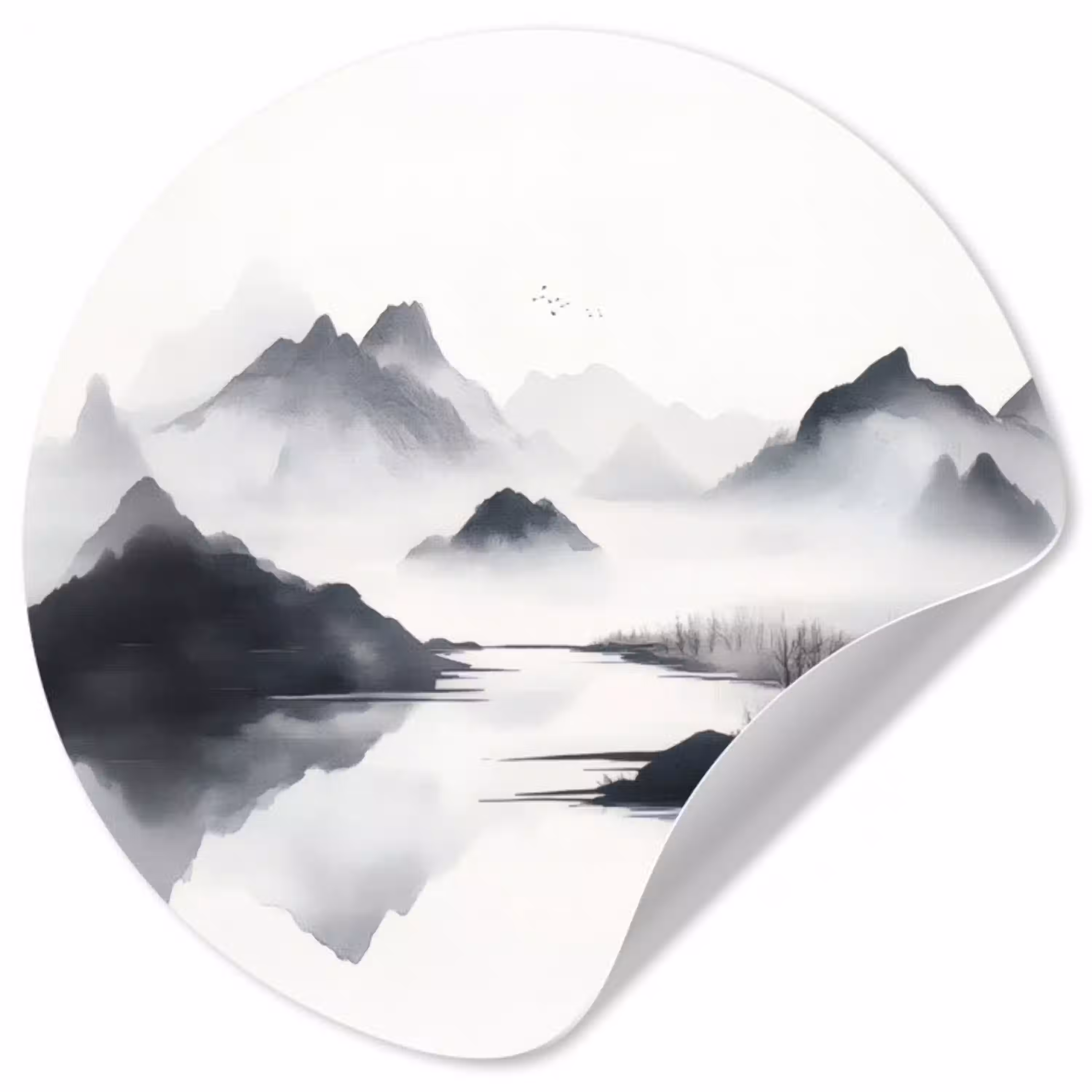 Bergen - Mistig - Water - Wit Wandcirkel behangsticker klein -3d