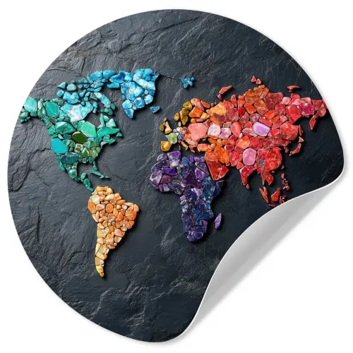 Wereldkaart - Edelstenen - Regenboog - Ruw Wandcirkel behangsticker klein -3d