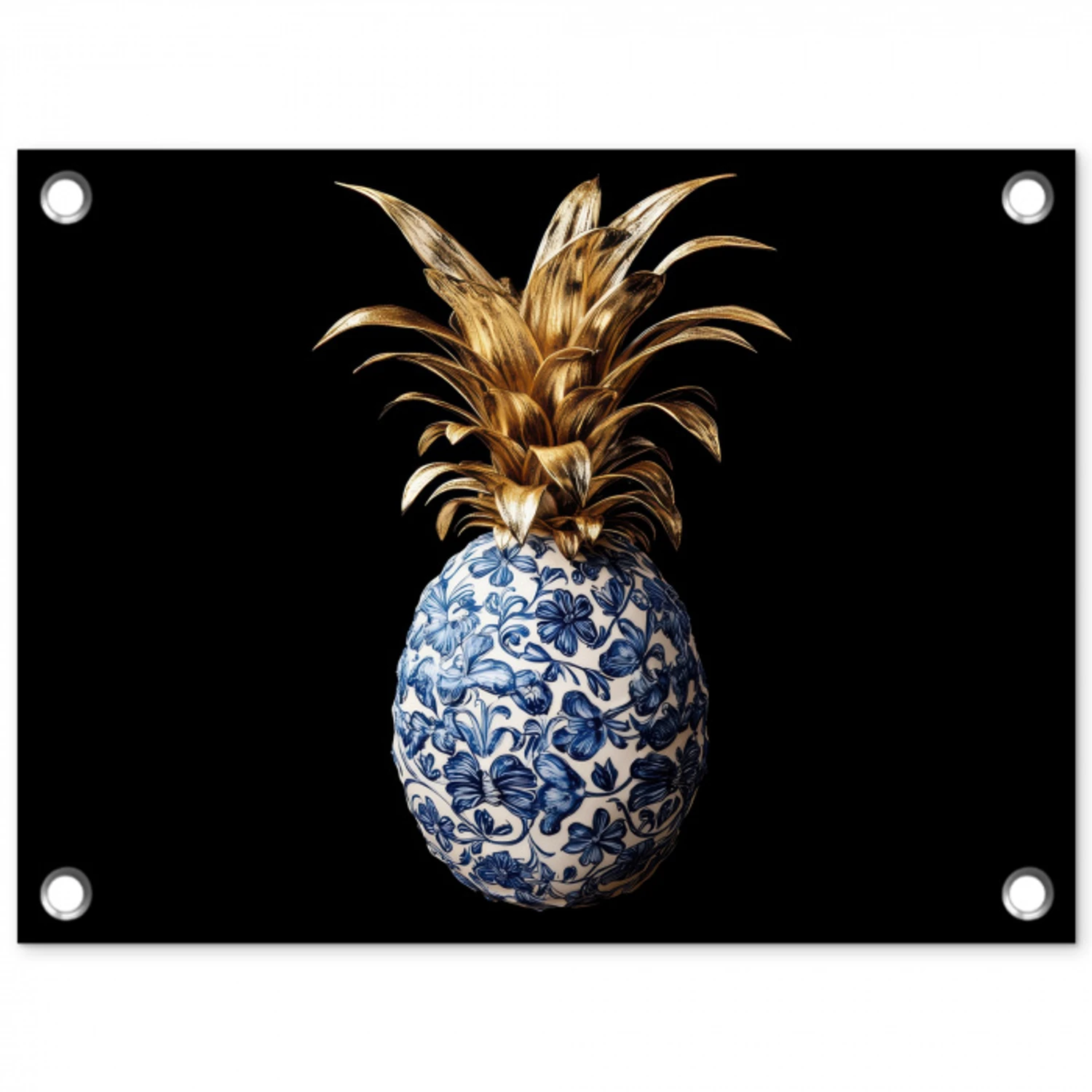 Ananas - Bloemen patroon - Goud - Delftsblauw tuinposter los doek klein -3d