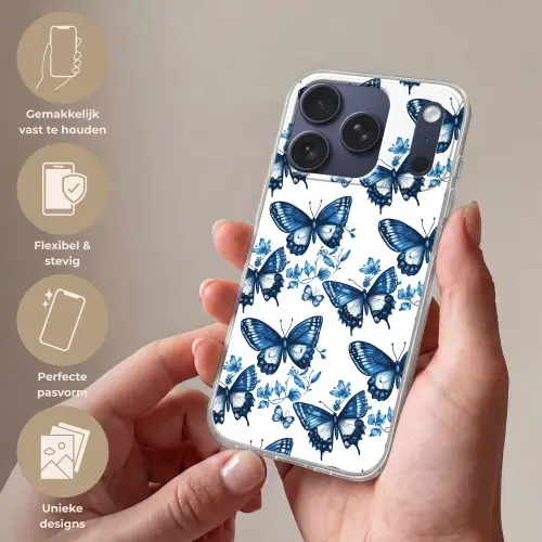 Blauw - Vlinders - Bloemen - Wit Telefoonhoesje iPhone 17 Pro klein 878 -sfeer3_NL