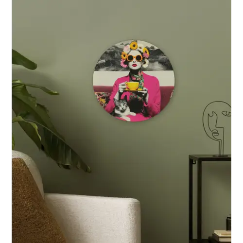Vrouw - Kat - Bloemen - Kopje - Retro Wandcirkel kunststof plaat 5mm dik klein -sfeer3