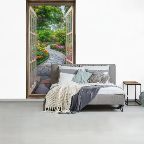 Doorkijk - Bloemen - Tuinpad - Natuur - Raam fotobehang vinyl groot -slaapkamer