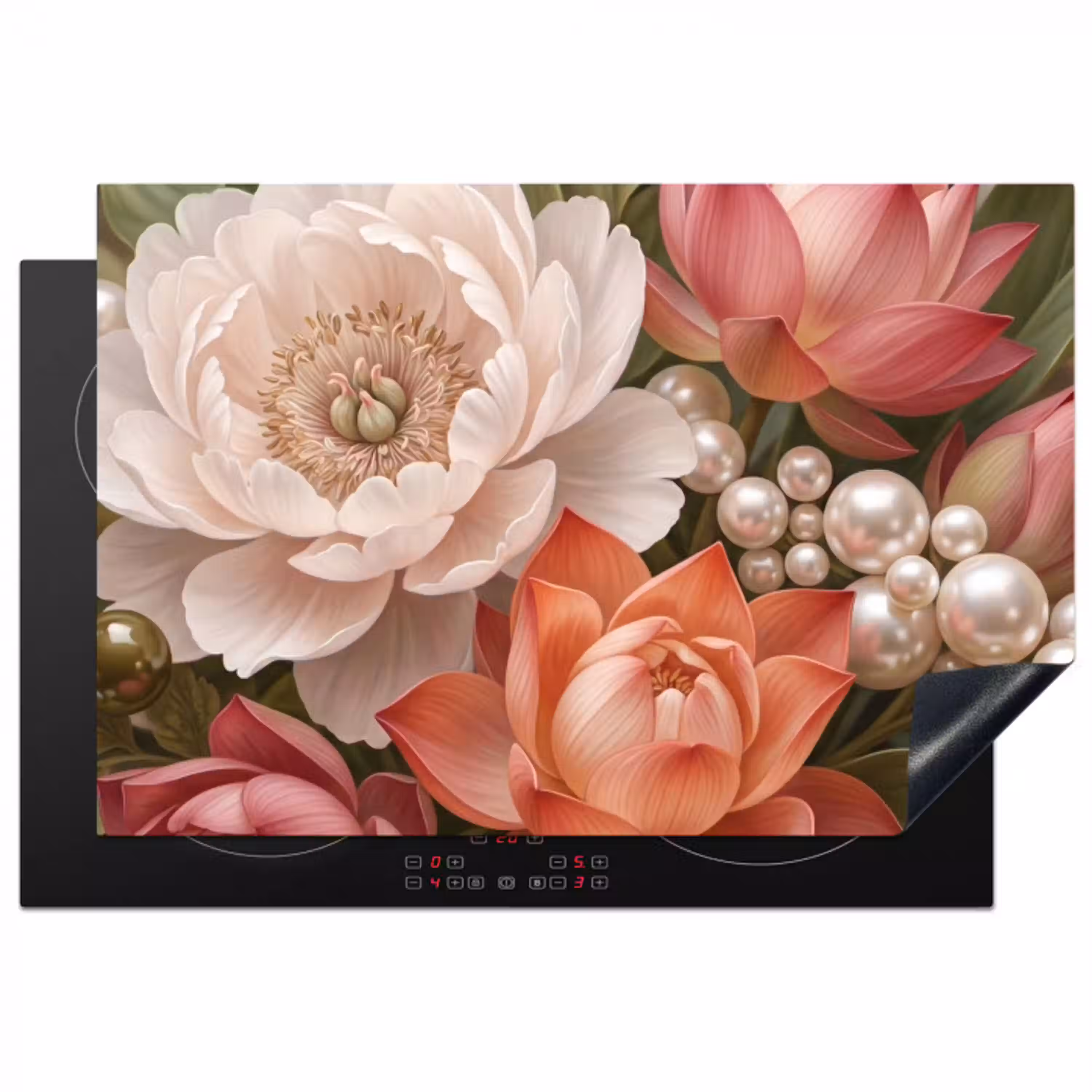 Bloemen - Parels - Elegant - Roze - Wit Inductie beschermer vinyl 3mm klein -3d