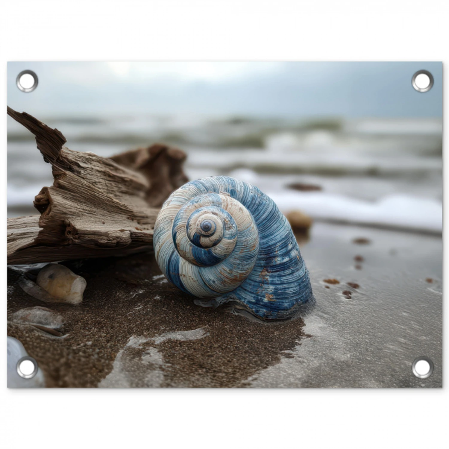 Schelp - Strand - Blauw - Zee tuinposter los doek klein -3d