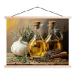 Stilleven - Olijfolie - Knoflook - Kruiden textielposter latten blank klein -3d
