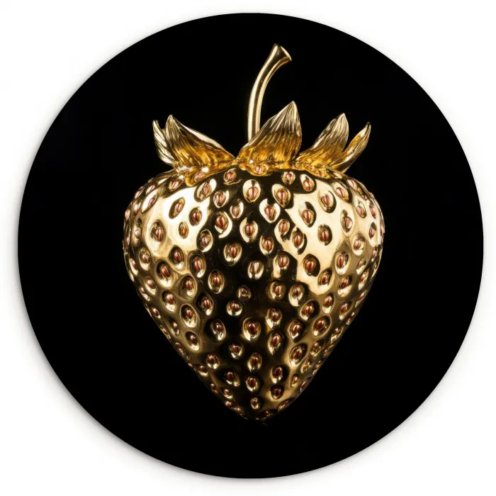 Aardbei - Goud - Zwart - Chrome Wandcirkel kunststof plaat 5mm dik klein -3d