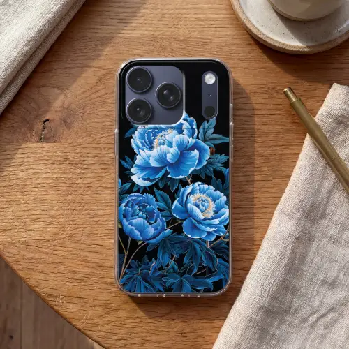 Bloemen - Zwart - Blauw - Modern Telefoonhoesje iPhone 17 Pro klein -sfeer1