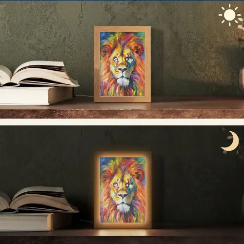 Leeuw - Olieverf - Kunst - Dieren Light Box met kabel (Tafellamp) klein -sfeer3