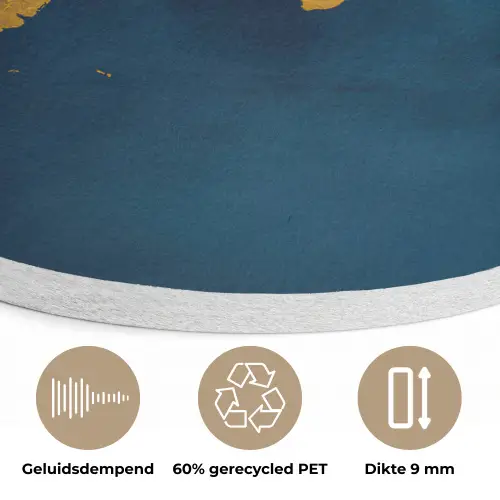 Wereldkaart - Goud - Donkerblauw Akoestische PET Vilt - Rond klein -closeup_NL
