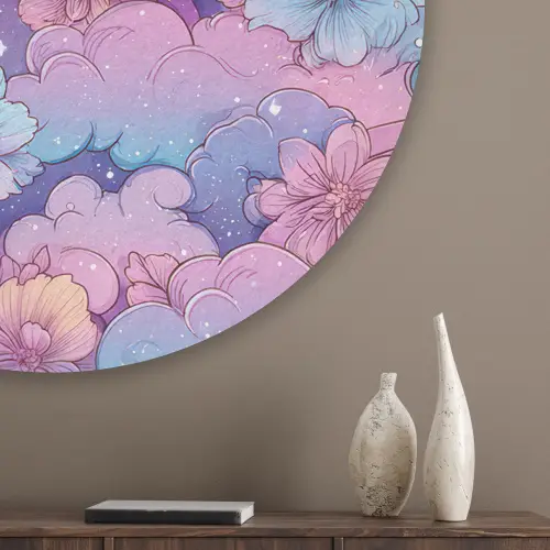 Regenbogen - Bloemen - Kleurrijk - Wolken Akoestische PET Vilt - Rond klein -sfeer5_closeup