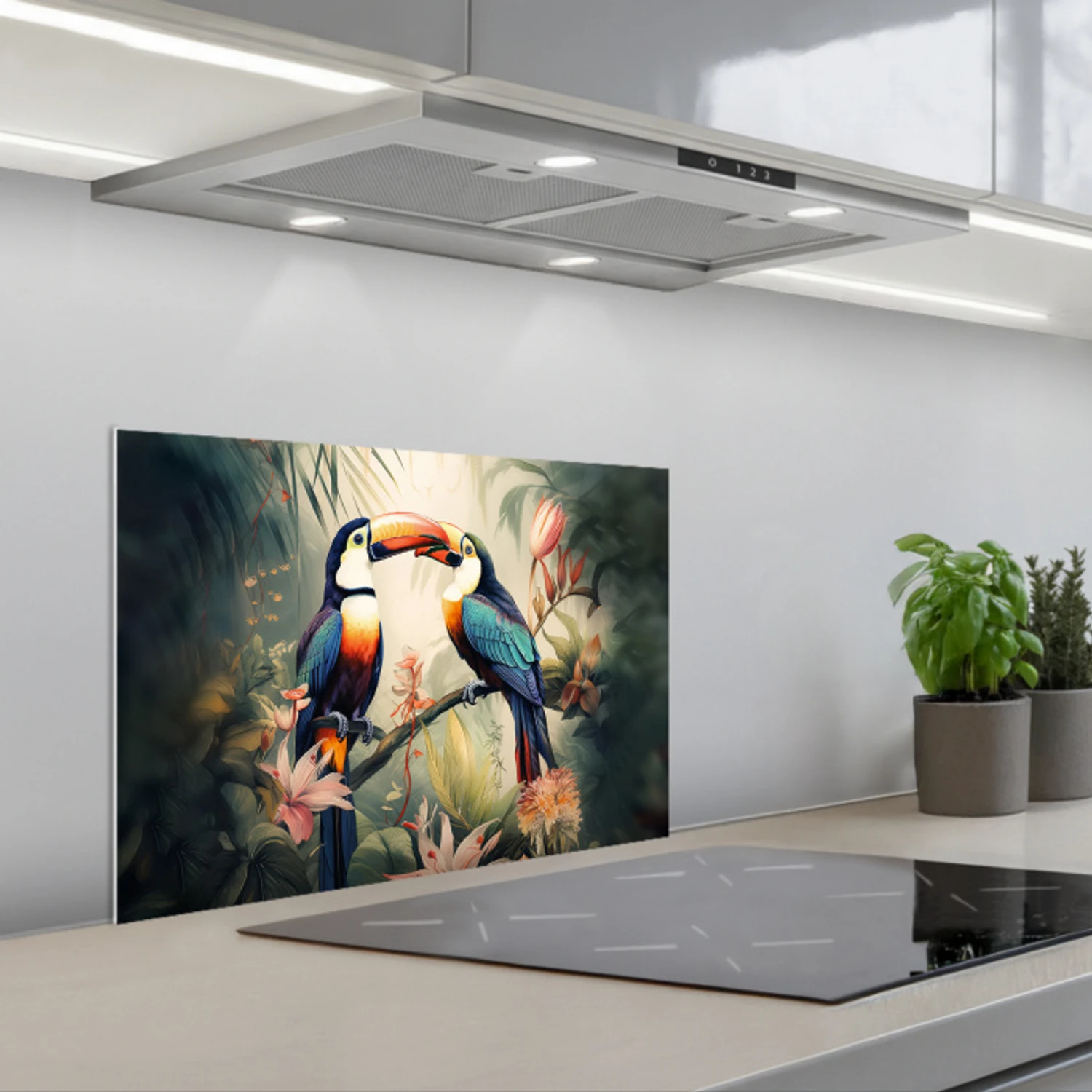 Toekan - Vogels - Bloemen - Natuur - Jungle keuken achterwand spatscherm klein -3d_schuin
