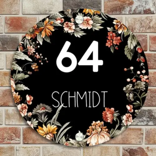 Bloemen - Zwart - Modern Naambord Rond klein -sfeer2