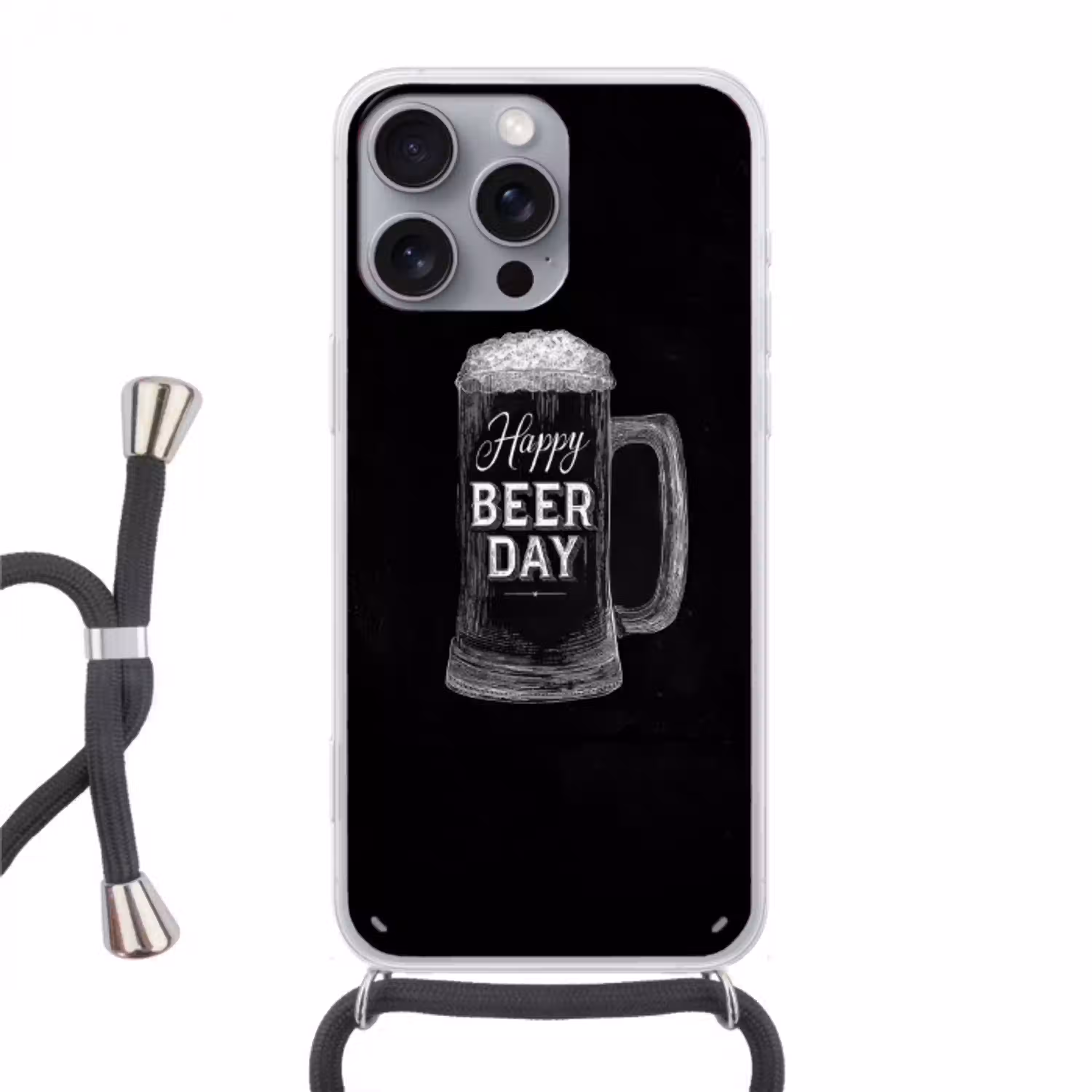 Bierpul - Witte krijtletters - Happy beer day Hoesje iPhone 16 Pro Max met koord klein -3d