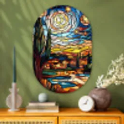 Hemel - Sterren - Mozaïek - Huizen Wandcirkel Ovaal Glas middel -sfeer2