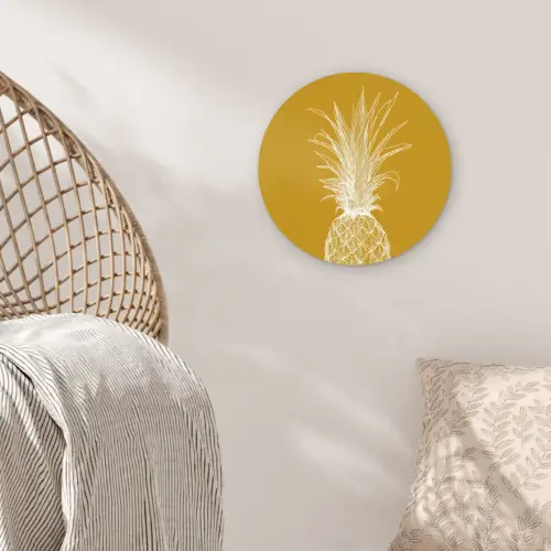 Lijnillustratie - Ananas - Bladkroon - Okergeel Wandcirkel kunststof plaat 5mm dik klein -sfeer5