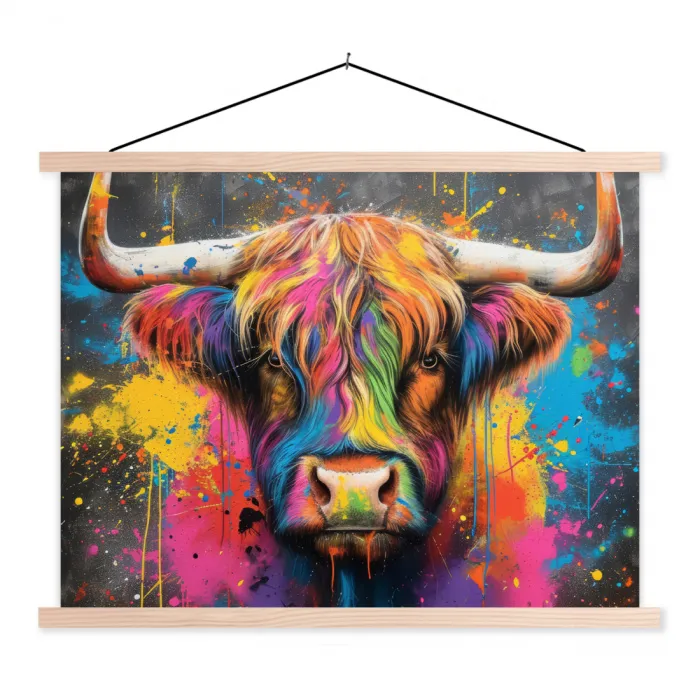 Graffiti - Schotse hooglander - Koe - Kleurrijk textielposter latten blank klein -3d