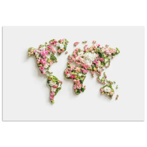 Wereldkaart - Bloemen - Subtiel poster papier klein -3d