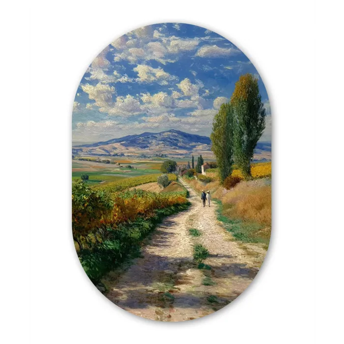 Mensen - Wandelen - Zandpad - Velden Wandcirkel Ovaal Glas middel -3d