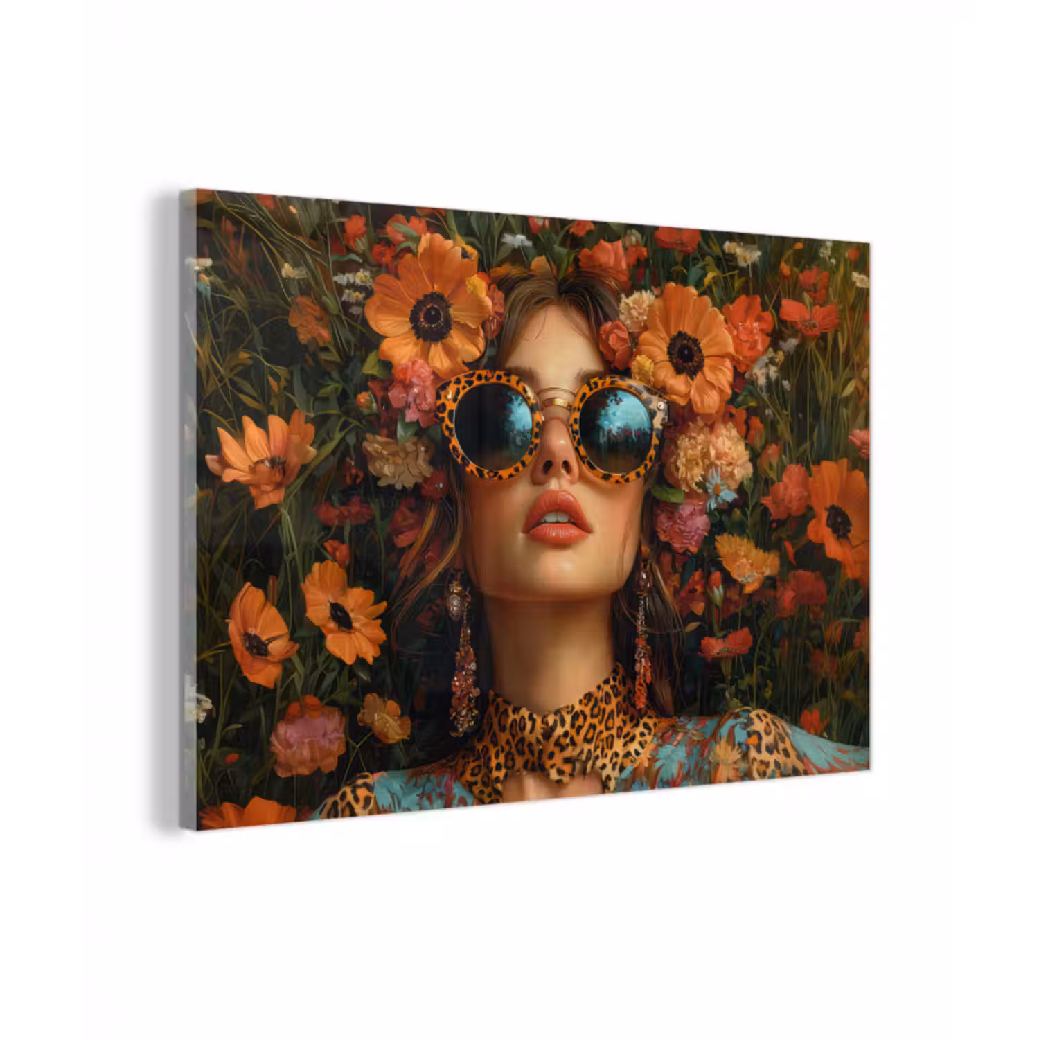 Glas schilderij - Vrouwen - Bloemen - Modern - Bril - Abstract