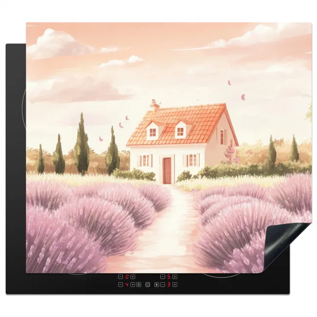 Lavendelveld - Huis - Paars Inductie beschermer vinyl 3mm middel -3d