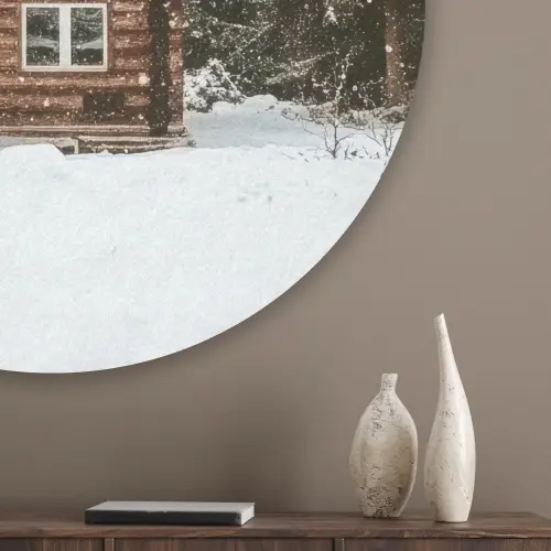 Huis - Bos - Winter - Natuur - Sneeuw Akoestische PET Vilt - Rond klein -sfeer5_closeup
