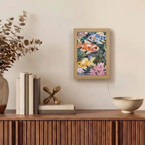 Vissen - Koraal - Zee - Mozaïek Light Box met kabel (Tafellamp) klein -sfeer2