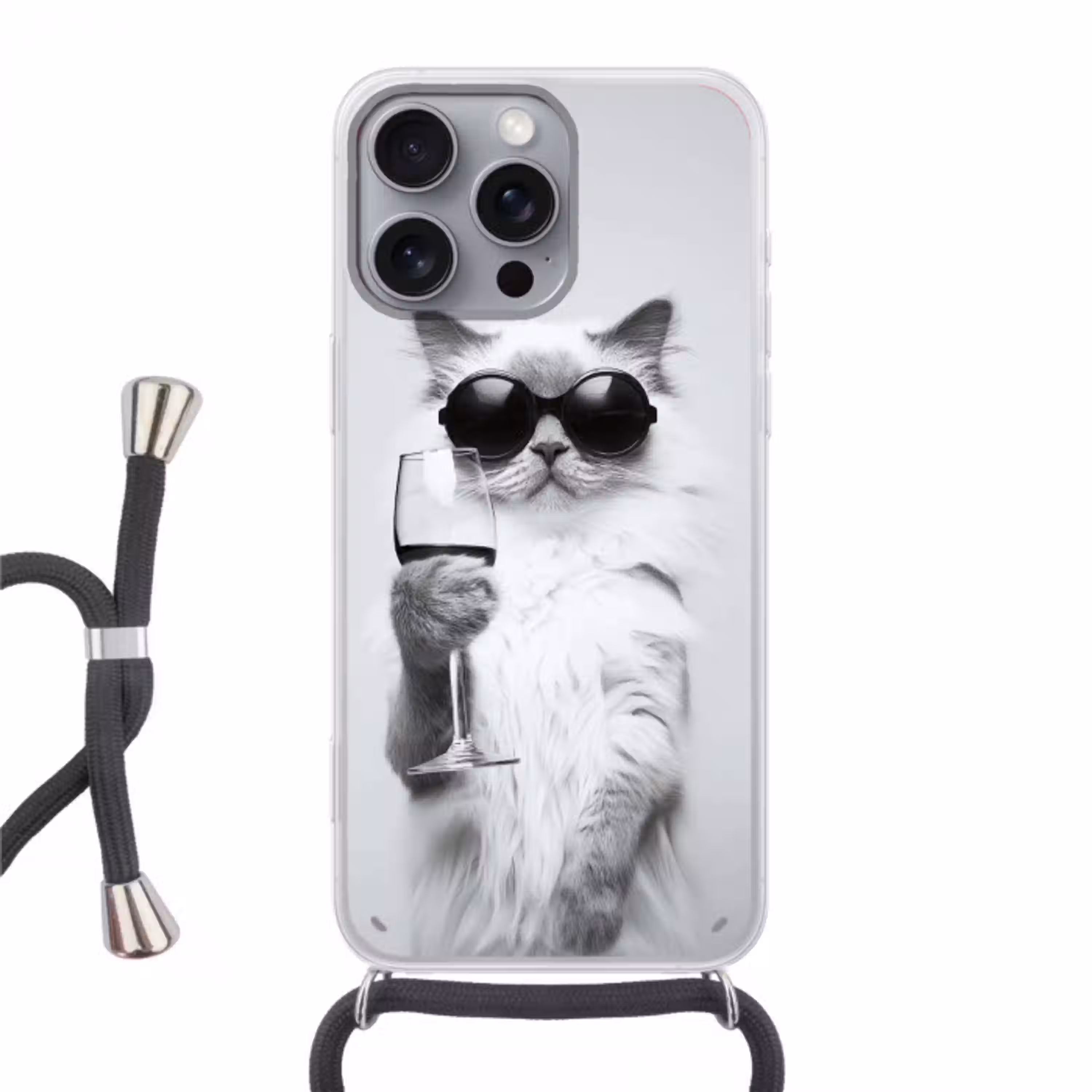 Kat - Zonnebril - Wijnglas - Langharig Hoesje iPhone 16 Pro Max met koord klein -3d