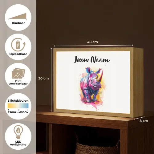 Neushoorn - Kleurrijk - Verf - Dieren Light Box met batterij (Wandlamp kind) middel -USP_websiteoverzichtNL