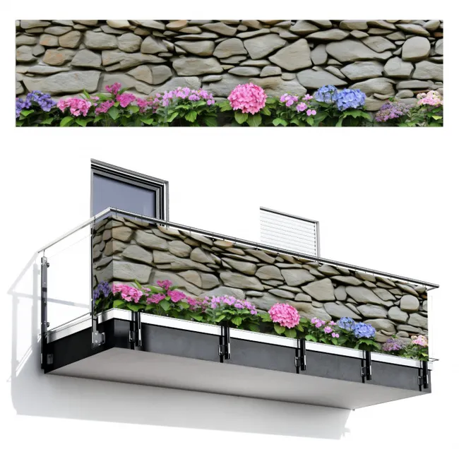 Balkonscherm - Hortensia’s - Stenen - Muur - Bloemen