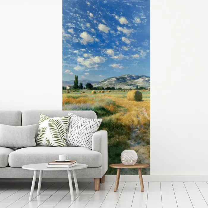 Landschap - Strobalen - Bergen - Wolken fotobehang vinyl groot -woonkamer