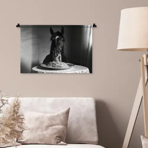 Paard - Bord - Pasta - Tafelkleed - Zwart Wit - Dieren Wandkleed katoen klein -sfeer4