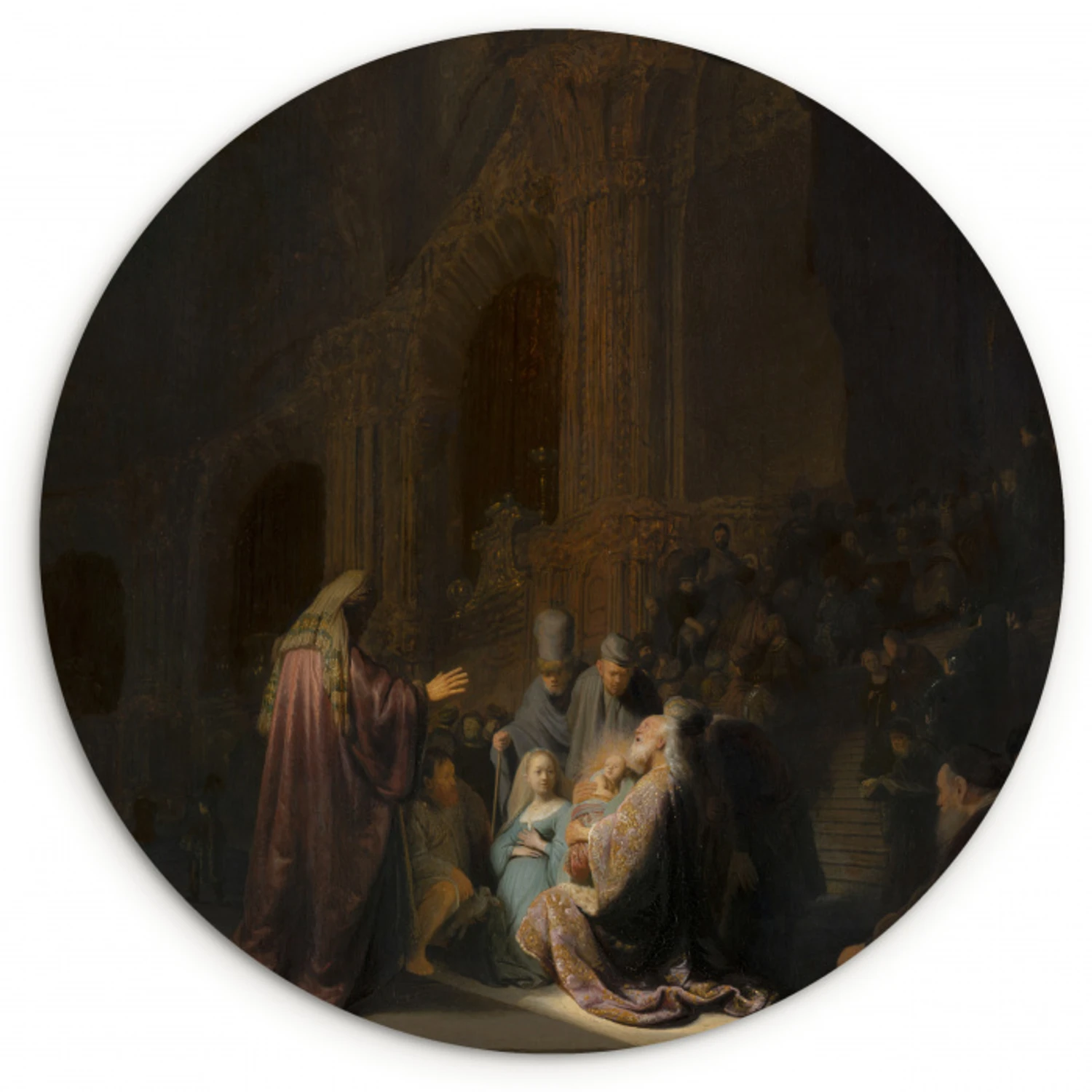 Het loflied van Simeon - Schilderij van Rembrandt van Rijn Wandcirkel kunststof plaat 5mm dik klein -3d