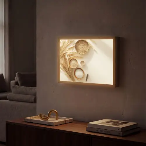 Granen - Hout - Kom - Beige Light Box met batterij (Wandlamp) middel -sfeer1
