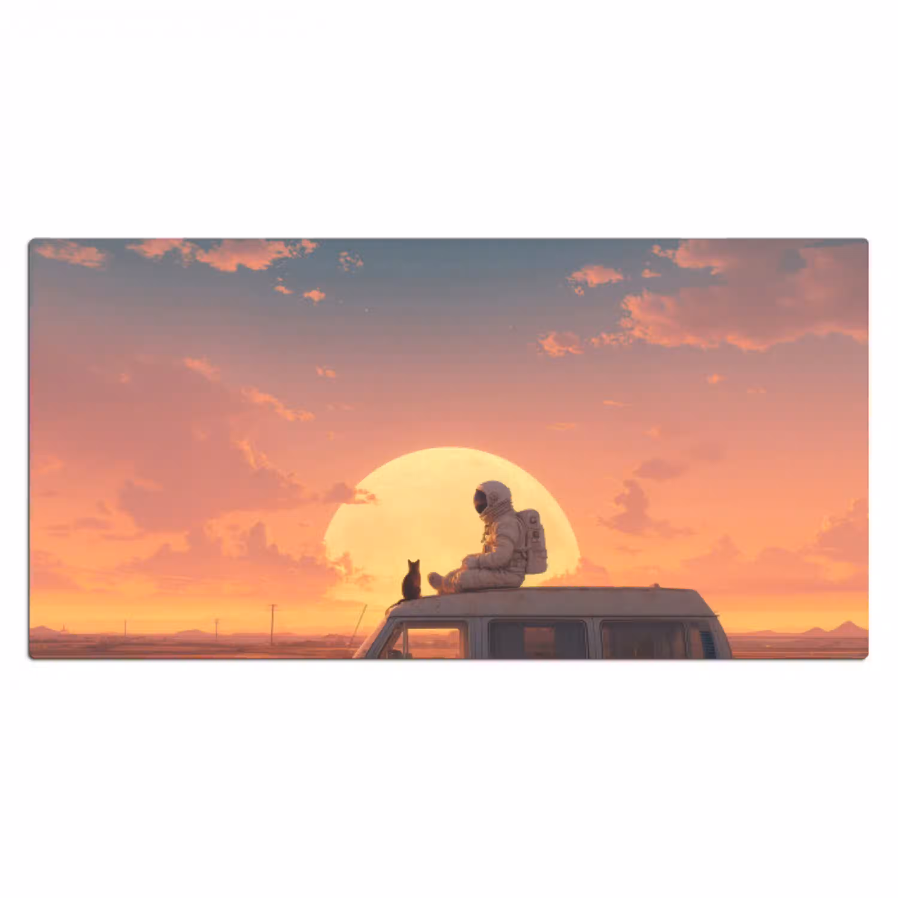 Busje - Kat - Zonsondergang - Oranje Muismat XXL klein -3d_leeg