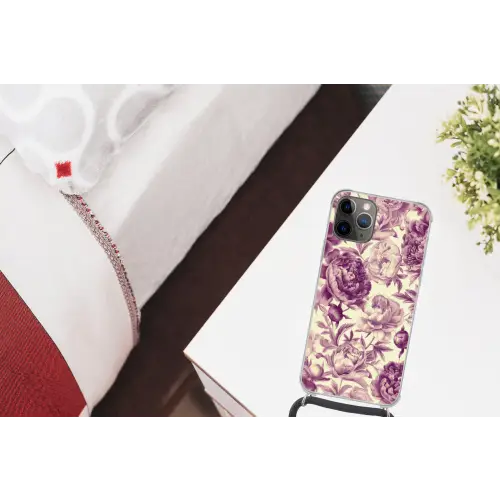 Bloemen - Patroon - Paars - Beige Hoesje iPhone 12 Pro met koord klein -kamer