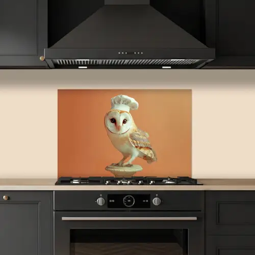 Kerkuil - Koksmuts - Oranje - Vogel keuken achterwand spatscherm klein -sfeer1