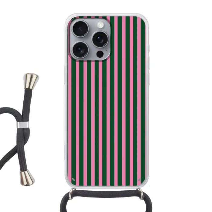 Verticale strepen - Groen - Roze Hoesje iPhone 16 Pro Max met koord klein 804 -3d