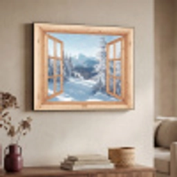 Doorkijk - Winterlandschap - Natuur - Berg - Bomen - Hout Textielframe zwart klein -sfeer3