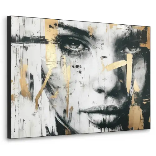 Portret - Vrouw - Penseelstreken - Goud Textielframe zwart klein -3d