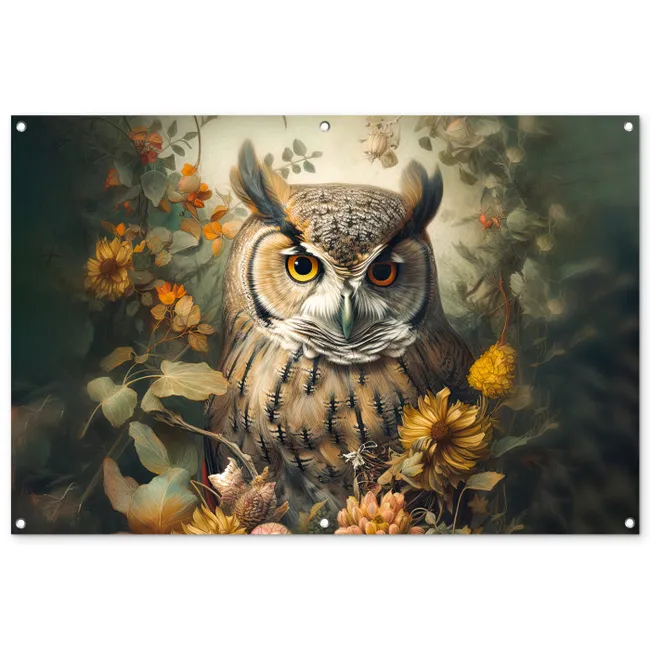 Tuinposter - Uil - Vogels - Bloemen - Natuur
