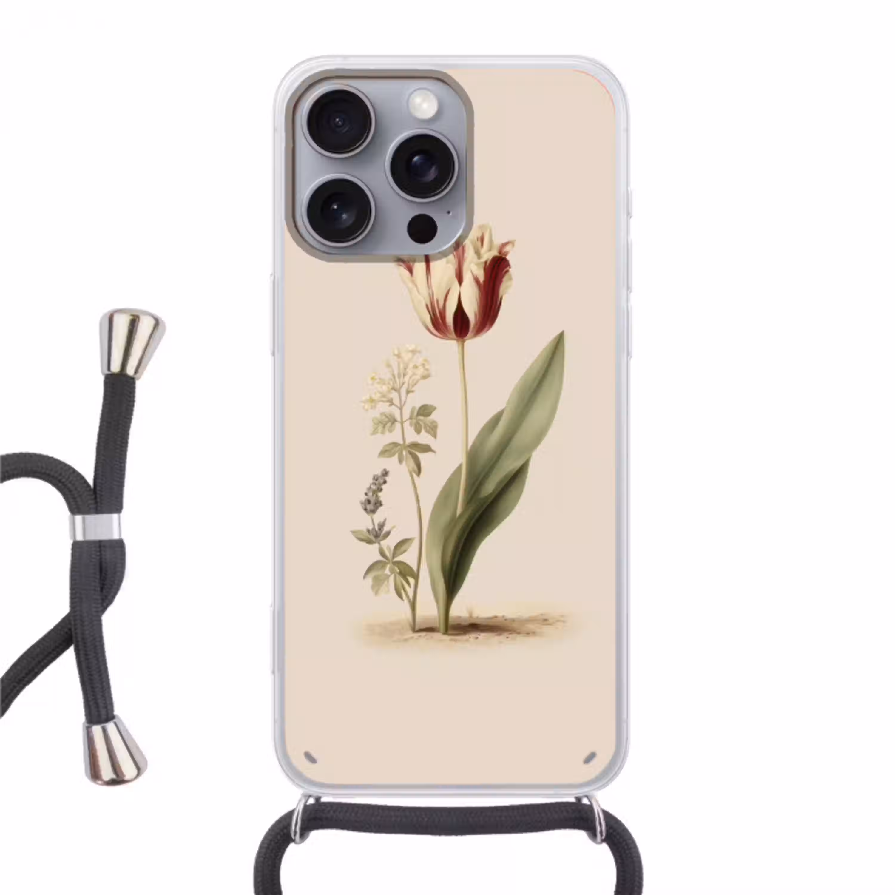 Tulp - Minimalistisch - Beige Hoesje iPhone 16 Pro Max met koord klein -3d