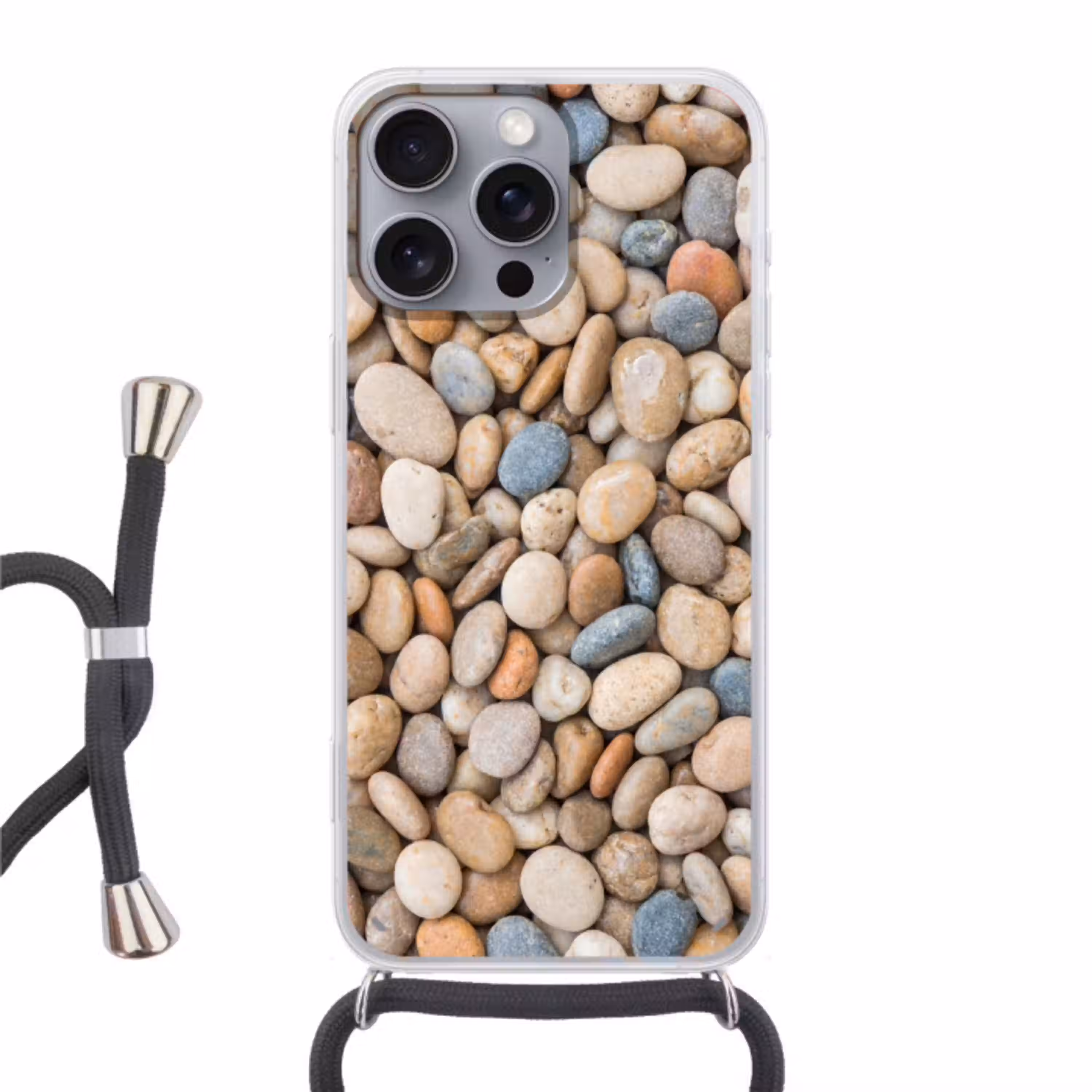Kiezelstenen - Natuur - Textuur - Beige - Grijs Hoesje iPhone 16 Pro Max met koord klein -3d