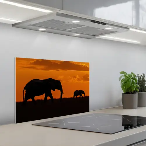 Olifanten - Savanne - Zonsondergang keuken achterwand spatscherm klein -3d_schuin