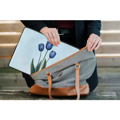 Tulpen - Blauw - Bladeren laptophoes neopreen klein -tas