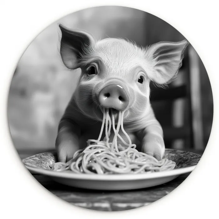 Varken - Schattig - Spaghetti - Zwart wit - Dier Wandcirkel kunststof plaat 5mm dik klein -3d
