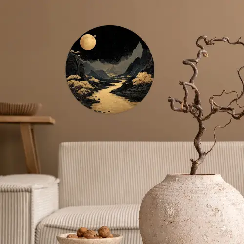 Gouden rivier - Bergen - Maan - Sterrenhemel Wandcirkel behangsticker klein -sfeer1