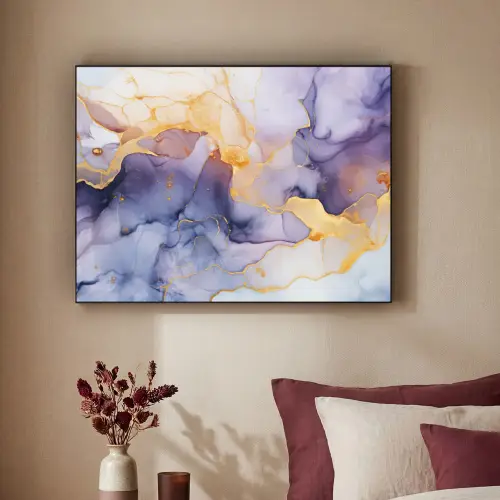 Marmer - Paars - Lila - Goud - Abstract Textielframe zwart klein -sfeer1